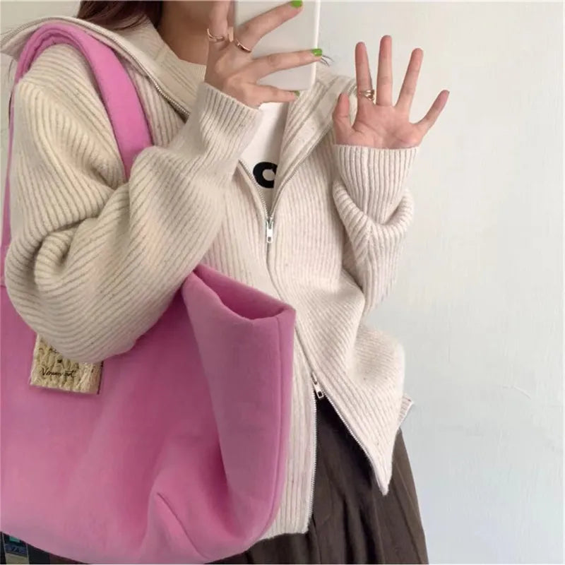 Getadme Autumn Winter Knitting Long Sleeve Casual Stand-up Collar Cardigans Women Korean Fashion Solid Single Breasted Sweater