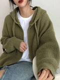 Getadme-Vintage Green Hooded Knitted Cardigan Women Y2K Harajuku Oversized Sweater Female Black Zipper Tops Korean Streetwear
