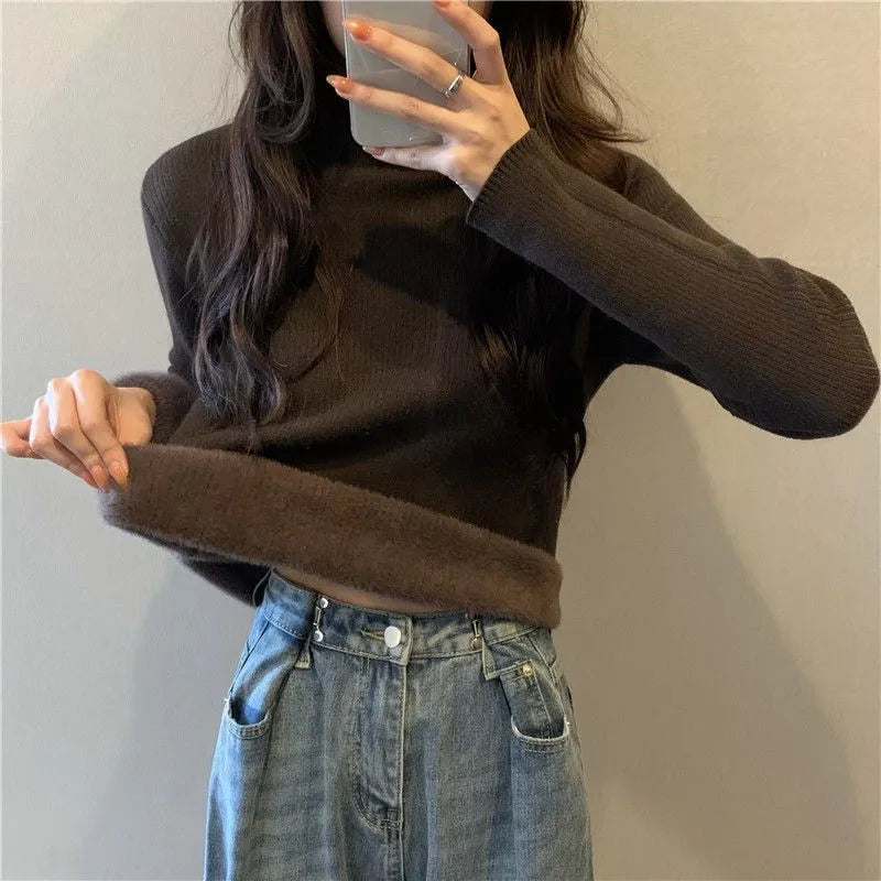 Getadme-Autumn Winter Sweater Women Velvet Half Turtleneck Bottoming Solid Color Simple Soft Thermal Top Long-Sleeved Thickened T-Shirt