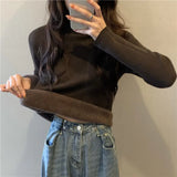 Getadme-Autumn Winter Sweater Women Velvet Half Turtleneck Bottoming Solid Color Simple Soft Thermal Top Long-Sleeved Thickened T-Shirt