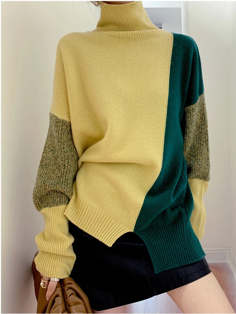 Getadme-Women‘s Sweater Autumn Winter Turtleneck Jumpers New In Thick Warm Loose Long Sleeve Spliced Knitted Sweater Tops Pullover
