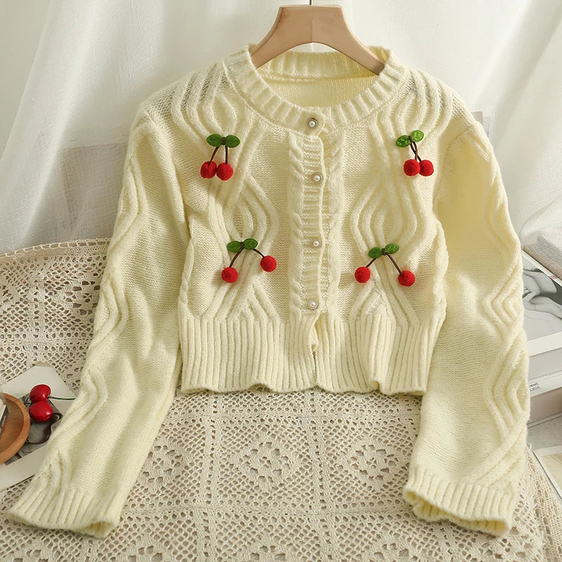 Getadme- Chic Fashion Cherry Knitted Cardigan Women Autumn Cute Button Up O-neck Long Sleeve Coat Streatwear Lady Y2K Sweaters