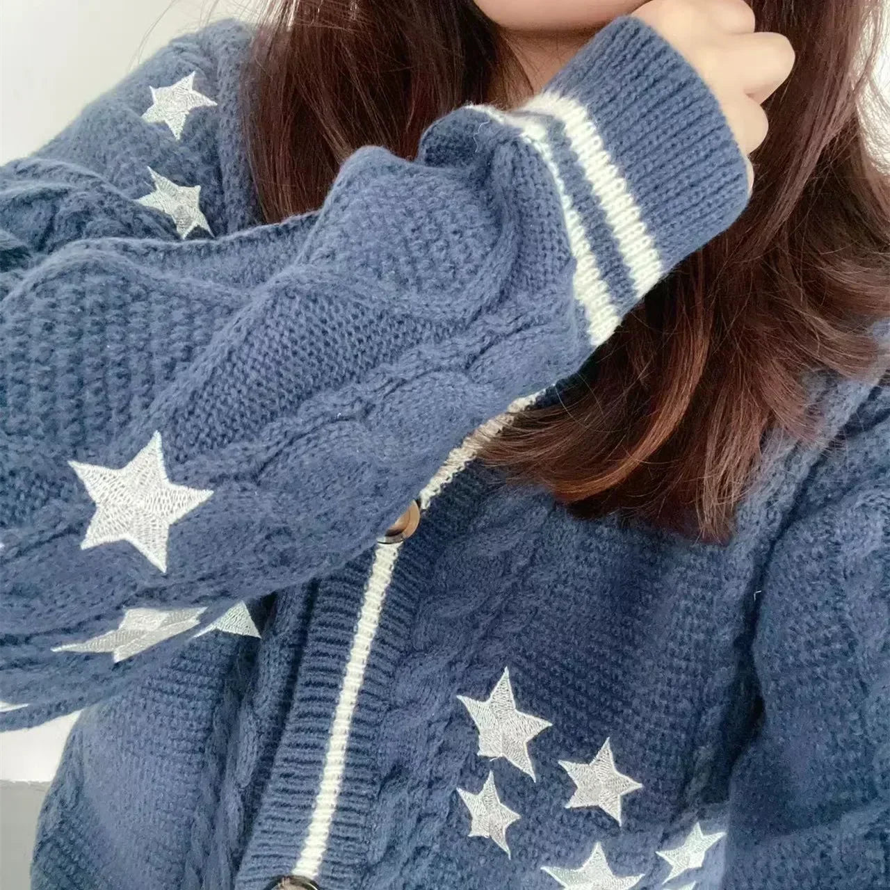 Getadme-Autumn Star Embroidery Midnight Blue Cotton Knitted Cardigans Women Winter Warm Loose Fit Sweaters for Women Y2k Women Cardigan