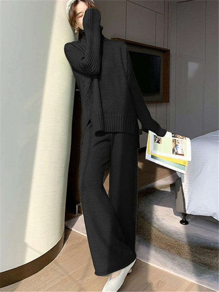 Getadme Autumn Winter 2 Pieces Women Sets Knitted Tracksuit New Turtleneck Sweater and Wide Leg Jogging Pant Pullover Suits