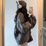 Getadme New Retro Solid Color Oversized Sweater Fashion Grey Loose V-Neck Sweater Women Korean Style Casual Simple Pullover