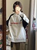 Getadme-Vintage Gray Oversized Sweatshirts Women Harajuku Hip Hop Patchwork Long Sleeve Hoodies Loose Retro Y2K Tops Streetwear