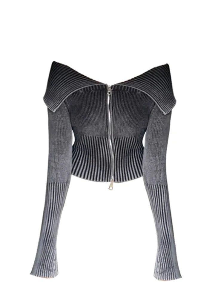 Getadme-Autumn Winter Woman 90s Vintage Gyaru Slash Neck Cardigan Full Zip Sweater Knitwears Long Sleeve Design Crop Tops Y2k Streetwear
