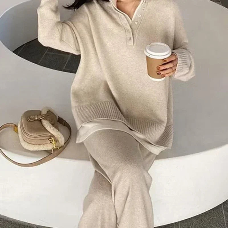 Getadme Two Piece Skirt Set Women Autumn Loose Casual Sweater Wide Leg Pant Sets Knitted Suit New in Matching Sets Women's Clothing