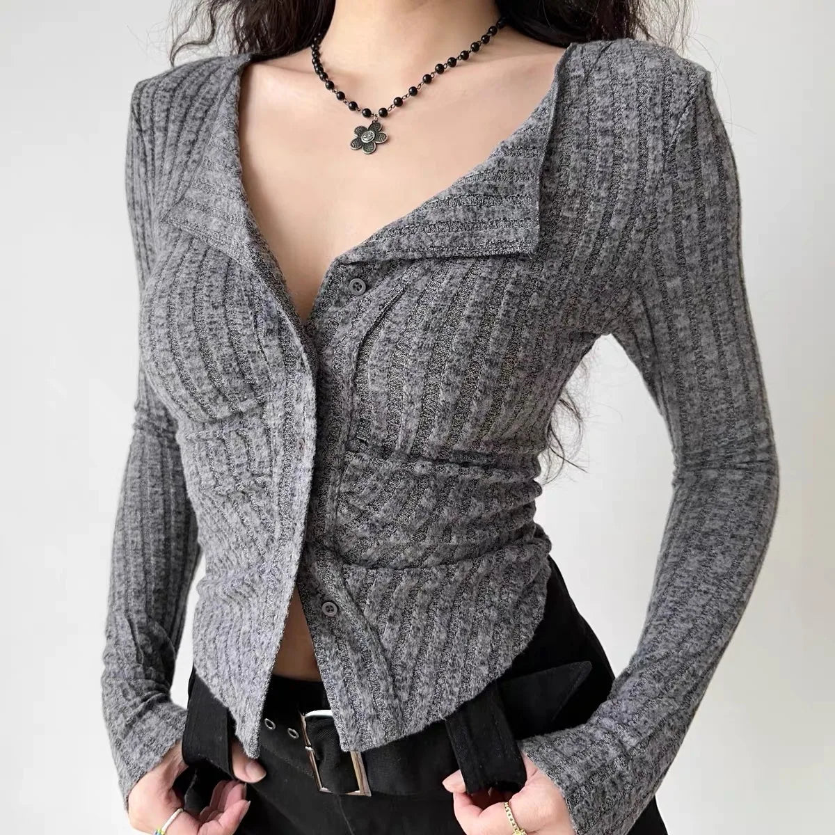 Getadme-Y2k Knitted Cardigan Women  Collar Sweater Coat Vintage Long Sleeve Single Breasted Top Autumn Fashion Girls Knitwear Jumper