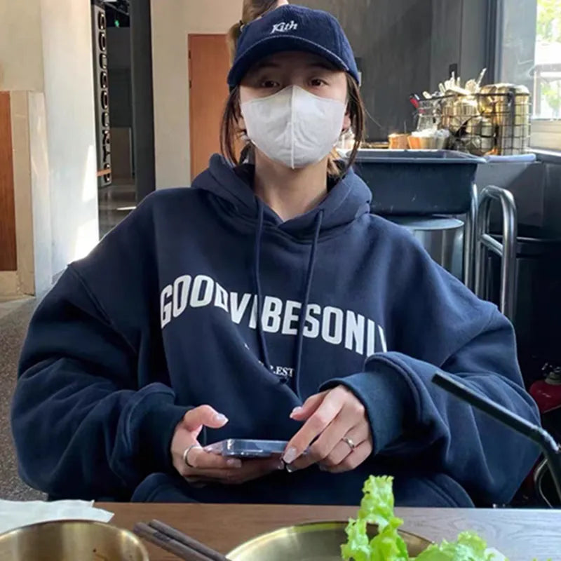 Oversized Letter Print Hoodies Women Vintage Winter Autumn Loose Hooded Grunge Streetwear Sweatshirt Y2k Clothes Warm Pullovers