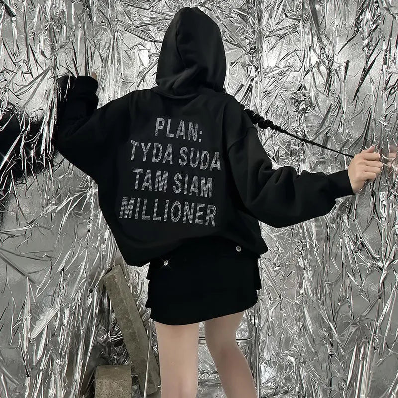 Getadme-Autumn Winter Fashion Trendy People Casual All-match Ironing Diamond Pocket Hooded Sweater Long-sleeved Y2K Top Women New