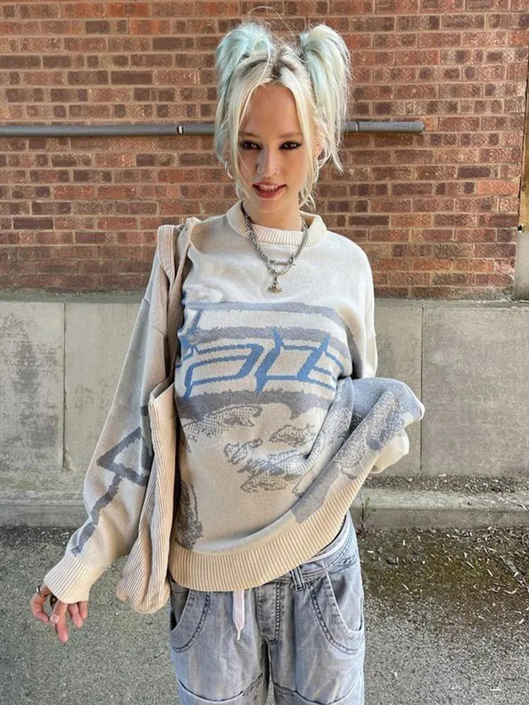 Getadme Women Pullover Sweater Creative Knitted Streetwear Ladies Oversize O Neck Knitwear Female Fashion Long Sleeve Top Pull Femme