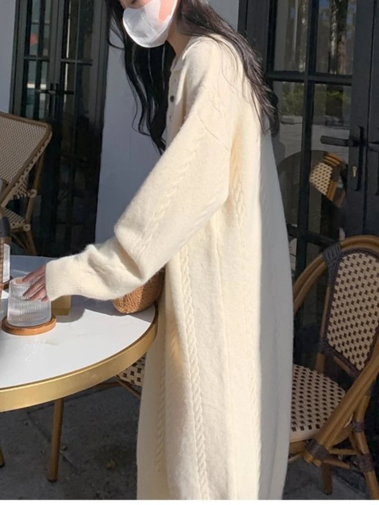 Getadme-Women's Sweater Dress Autumn Winter Korean Edition Loose Relaxed Commuter Thickened Lapel Over Knee Knit Dress Women's Clothing