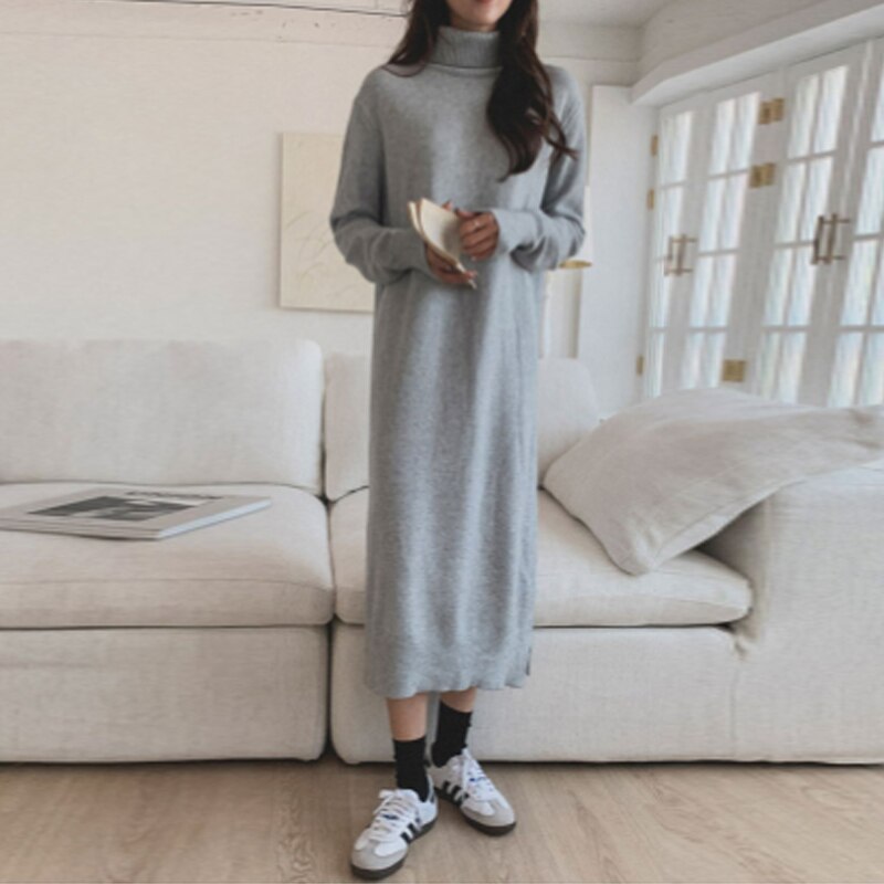 Getadme-Black Turtleneck Long Woolen Dress Women Autumn Winter Turtleneck Oversized Sweater Dresses Women Clothing Chic Knitwear