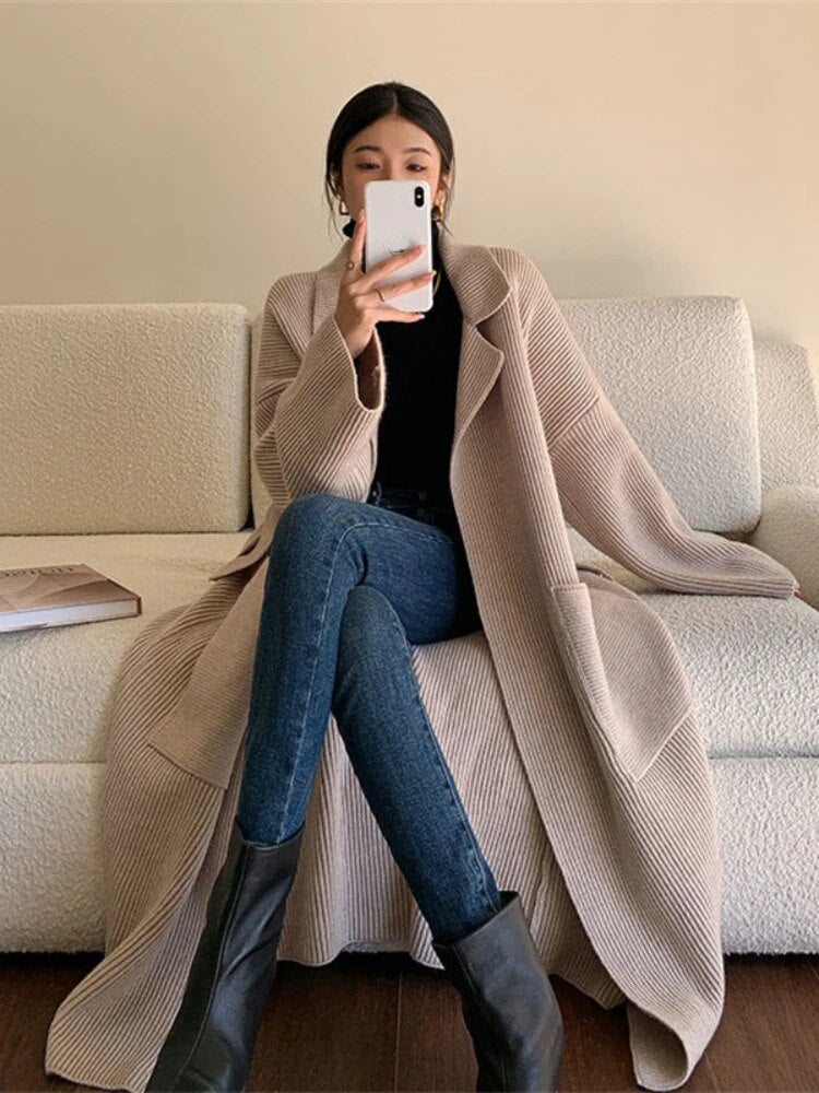 Getadme-Women's Sweaters Polo Collar Long Coat 2023 Autumn Winter New In Korean Lazy High-end Gentle Soft Loose Knit Cardigan Coat