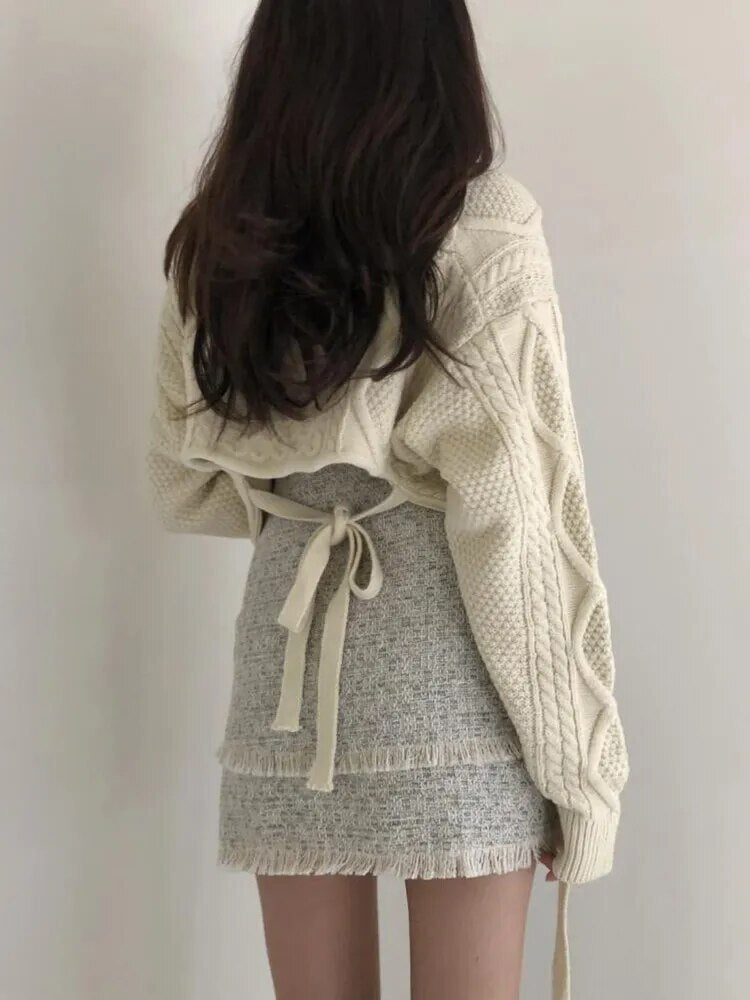 Japanese Sweet Lace Up Knit Sweater Women Cute Sexy Back Irregular V-neck Loose Long Sleeve Cropped Sweater Pullover