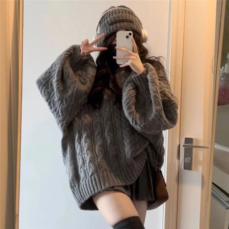 Getadme New Retro Solid Color Oversized Sweater Fashion Grey Loose V-Neck Sweater Women Korean Style Casual Simple Pullover