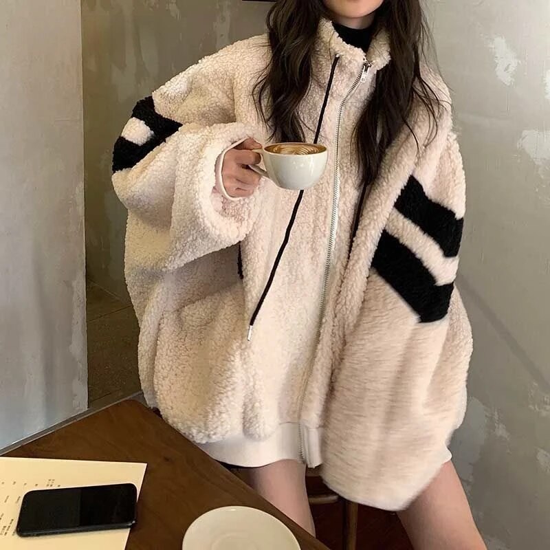 Getadme Women Zipper Jackets Harajuku Oversized Hoodies Korean Streetwear Faux Lamb Fleece Winter Stripe Coats Casual Outerwear