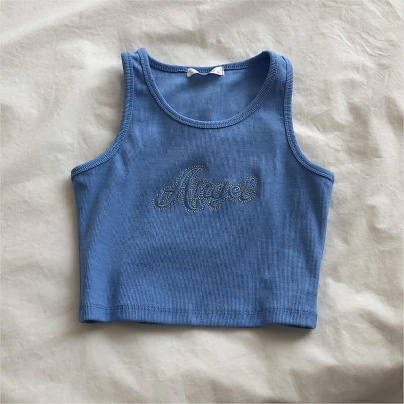 Summer Casual Aesthetic Camisole Women Sleeveless Angel Embroidery Vest Quality Knitted Camis 90's y2k clothing women Tank Tops