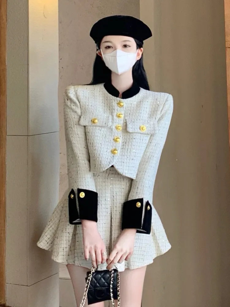 Getadme High Quality Luxury Brand Small Fragrance Tweed Two Piece Set Women Woolen Jacket Coat + Skirt Sets Winter Korean 2 Piece Suits