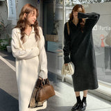 Getadme-Casual Thicken Warm Loose Sweater White Dress Women Autumn Winter Lapel Full Sleeve Solid Long Knitted Dresses Female Vestidos