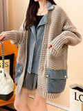 Getadme-Spring Autumn Denim Patchwork Loose Lazy Style Thickened Clothes Knitted Sweater Coat Cardigan Top Women