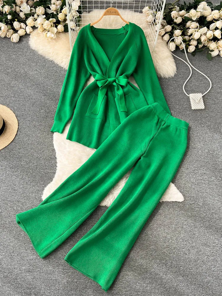 Winter Women Knitted Tracksuit 2 Pieces Long Sleeve Lace-up Sweater Cardigan Coat & Pant Suits Fashion Casual Two Piece Outfits