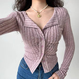 Getadme-Y2k Knitted Cardigan Women  Collar Sweater Coat Vintage Long Sleeve Single Breasted Top Autumn Fashion Girls Knitwear Jumper