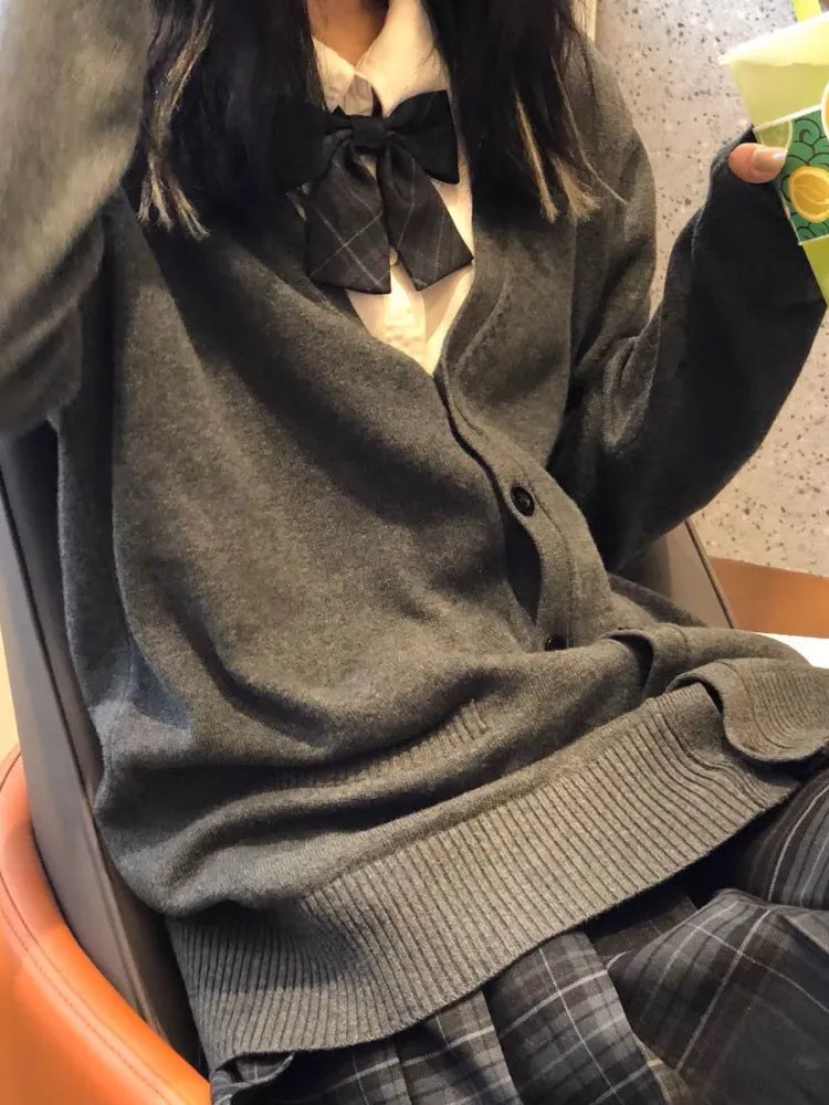 Getadme-Preppy Style Knitted Cardigan Women Harajuku Vintage V-neck Oversized Sweater Sweet Casual Long Sleeve Tops Japanese JK