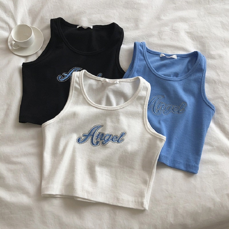 Summer Casual Aesthetic Camisole Women Sleeveless Angel Embroidery Vest Quality Knitted Camis 90's y2k clothing women Tank Tops