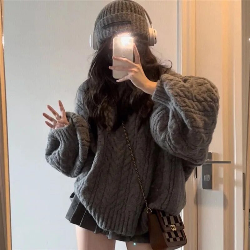 Getadme New Retro Solid Color Oversized Sweater Fashion Grey Loose V-Neck Sweater Women Korean Style Casual Simple Pullover