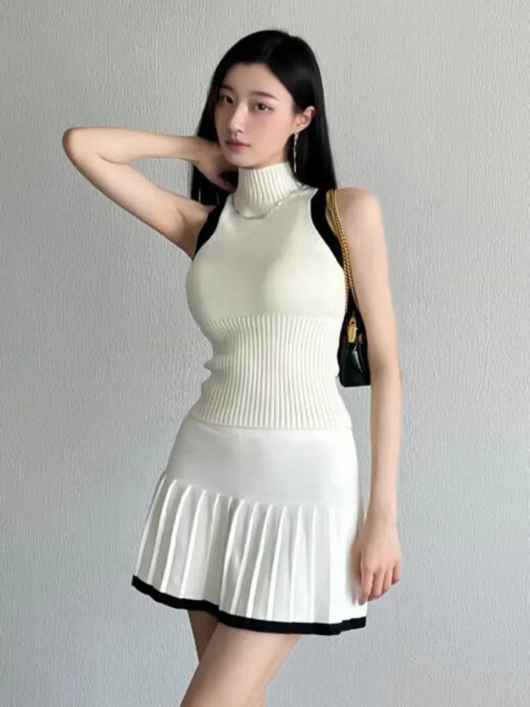 Girls Sweet Knitted Two Piece Set For Women Sexy Vest + High Waist Pleated Skirt Sets Elegant Fashion Sweater 2 Piece Suits