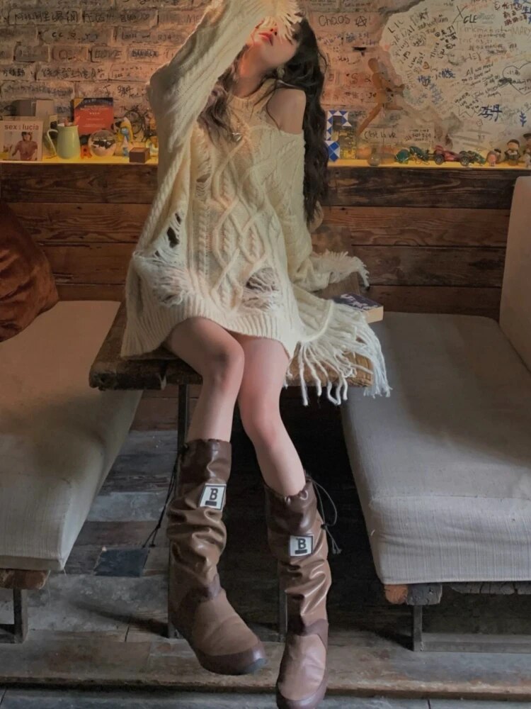 Grunge Hollow Out Sweater Women Harajuku Kpop Oversized Knitted Pullover Lazy Style Off Shoulder Jumper Y2K Tops Korean