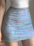 Getadme-Floral Print Mesh High Waist Mini Skirt Ladies Kawaii skirt premium pastel Lace-up sweet Y2k Harajuku Kawaii Sexy Pencil Skirt