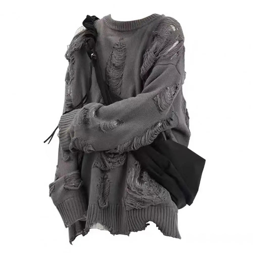 Getadme Long Sleeve Sweater Streetwear Men's Sweater Hip Hop Style Ripped Two-piece Design Knitted Round Neck Soft Warm Fall/winter