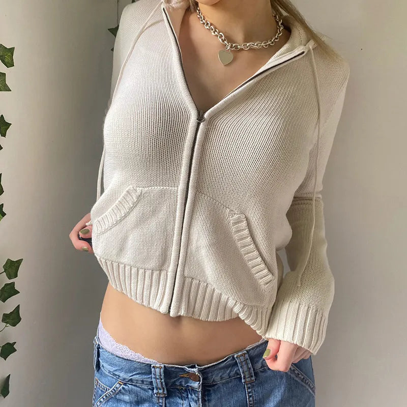 Getadme-Women’s Full Zip Knit Hoodies Casual Sweaters Solid Color Long Sleeve Drawstring Sweatshirts Cardigan Zip-up Y2K Clothing