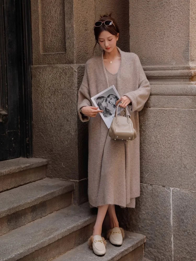 Getadme-New Women's Autumn and Winter Thickened Comfortable Loose Long Sweater Jacket Knitted Dress Two Piece Autumn and Winter Set