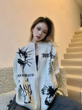 Loose Stand Up Collar Sweater Woman Autumn And Winter Hand-painted Pattern Knit Cardigan Pocket Decoration Vintage Clothes