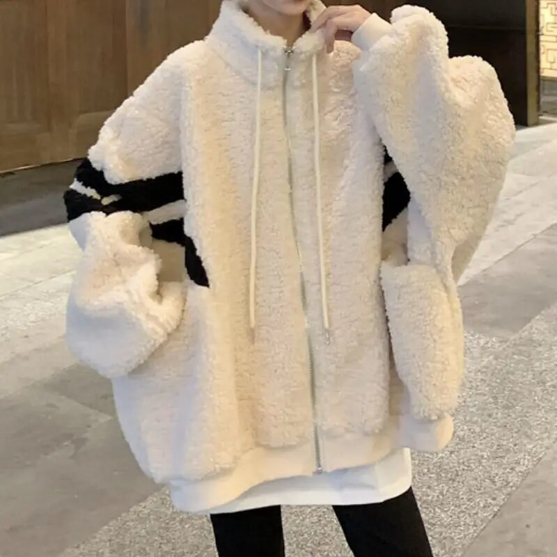 Getadme Women Zipper Jackets Harajuku Oversized Hoodies Korean Streetwear Faux Lamb Fleece Winter Stripe Coats Casual Outerwear