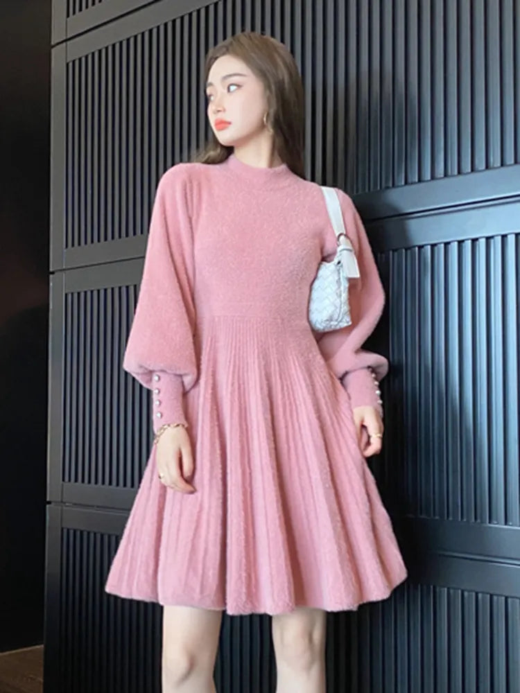 High Quality Autumn Winter Knitted Sweater Dress Women Korean Sweet Vestidos Long Sleeve Button Casual Pull Mini Dress For Women