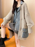 Getadme-Spring Autumn Denim Patchwork Loose Lazy Style Thickened Clothes Knitted Sweater Coat Cardigan Top Women