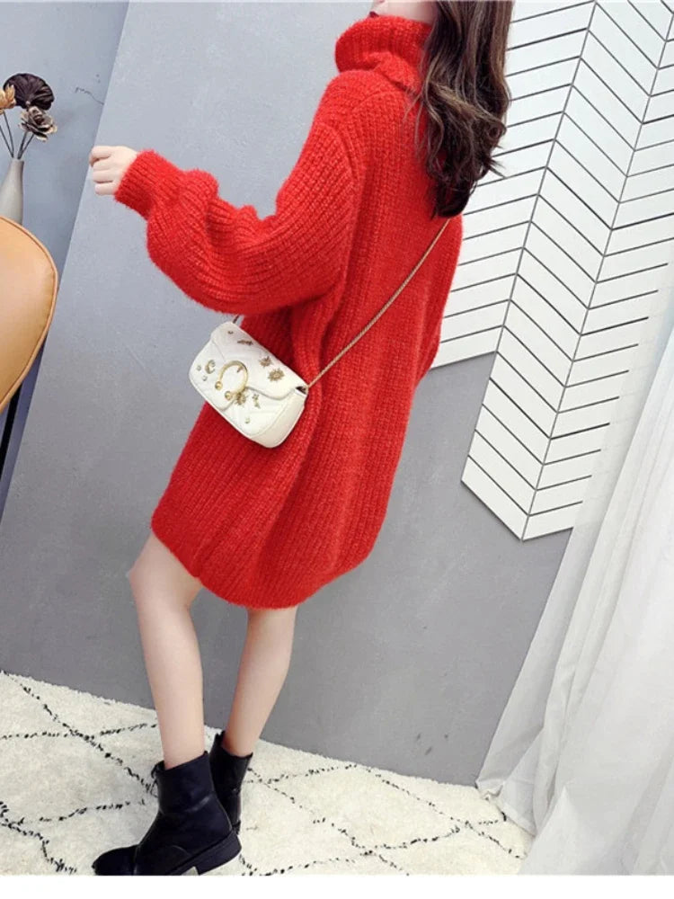 Getadme-Women's Sweater High Neck Long Sleeve Sweater Dress Autumn Winter New Mid Length Knitted Womens Clothing Comfortable Versatile