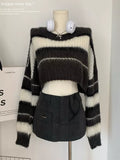 Getadme-Y2K Cropped Black Sweater Korean Style Women Striped Jumper Vintage Female Autumn Long Sleeve Crewneck Pullovers Tops New