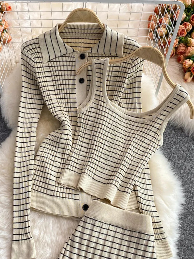 Getadme-Autumn Korean Fashion Chic Knitted 3pcs Sets Long Sleeve Cardigan Sweater + Camisole + Skirts Sets Casual Tops Vest Skirt Suits