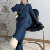 Getadme-Chic Thicken Wool 2 Piece Sets Women Winter Gray Elegant O-neck Sweater + Wide Leg Pants Ladies Korean Streetwear Pant Sets