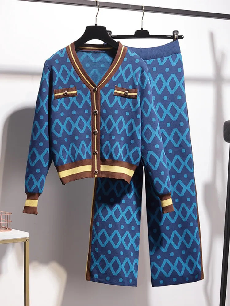 Getadme-Autumn Winter Knit Two Piece Set Women Crop Top Sweater Cardigan Coat + Wide Leg Pant Suits Casual Tracksuit Women 2 Piece Sets