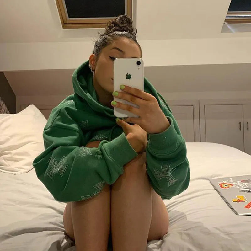 Vintage Rhinestone Graphics Oversized Hoodies Women Long Sleeve Women Sweatshirt Hoodies Y2K Aesthetic Winter Warmth Clothing