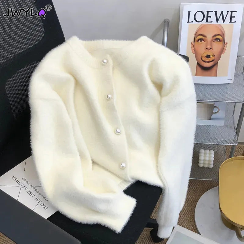 Getadme Korean Simple O-neck Single-breasted Imitation Mink Velvet Knitted Sweater Casual Loose Soft Pearl Buttons Cardigan Women