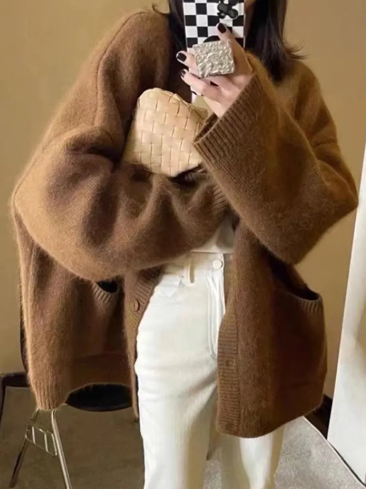 Getadme-Autumn Winter Cardigan Women Oversize Knitted Sweater Lady Korean Style Single Breasted Jumper Female Casual Loose Knitwear Coat