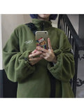 HOUZHOU Vintage Fleece Green Jackets Women Harajuku Streetwear Oversize Zip Up Sweatshirts Female Korean Fashion Basic Hoodies